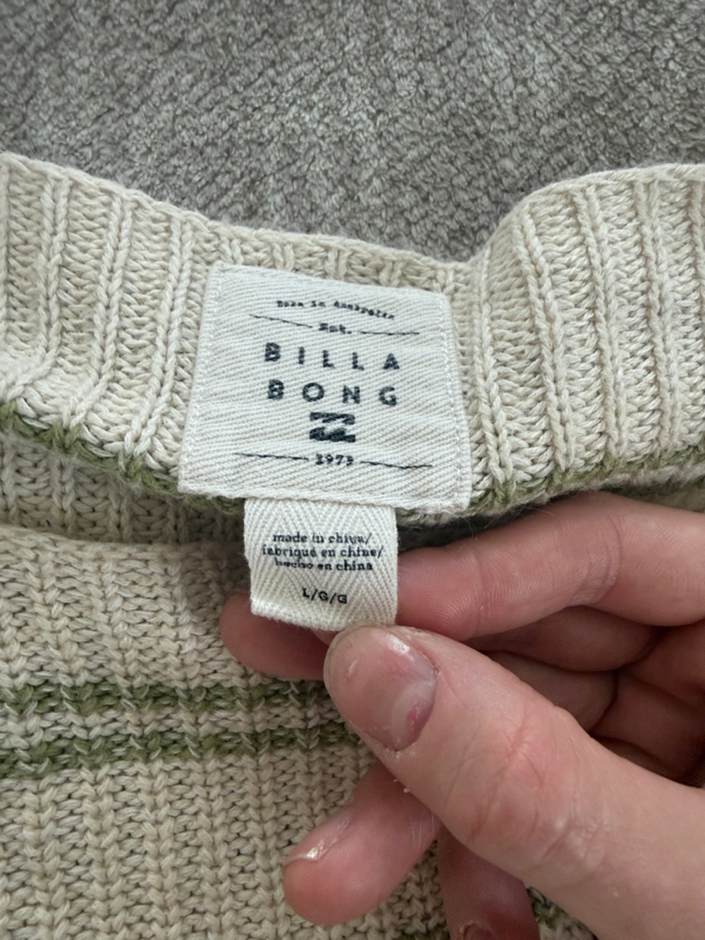 Billabong Cream Crewneck Sweater with Green Stripes - Picture 2 of 3